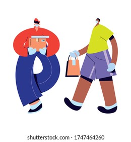 mensajero y hombre con máscaras, guantes y embalajes/envases ilustraciones vectoriales