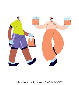 messenger and man with masks, gloves and packagesvector illustration desings