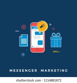 Messenger Marketing Concept. Flat Vector Illustration Smartphone with Different Icons. Flat Banner for Web banners, Websites