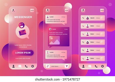 Messenger neumorphic elements kit for mobile app. Online communication, chatting, incoming and outgoing calls list. UI, UX, GUI screens set. Vector illustration of templates in glassmorphic design