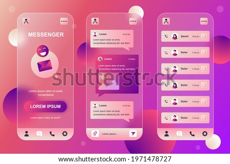 Messenger neumorphic elements kit for mobile app. Online communication, chatting, incoming and outgoing calls list. UI, UX, GUI screens set. Vector illustration of templates in glassmorphic design