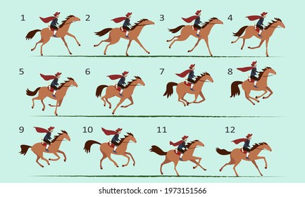 A messenger on a horse with a letter. Animation of a running horse with a rider. Key positions