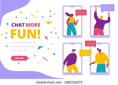 Messenger. Online chat. Happy People use smartphone for chatting in social media. Communication, conversation, dialog.  Flat vector illustration design. Men and women isolated on white background