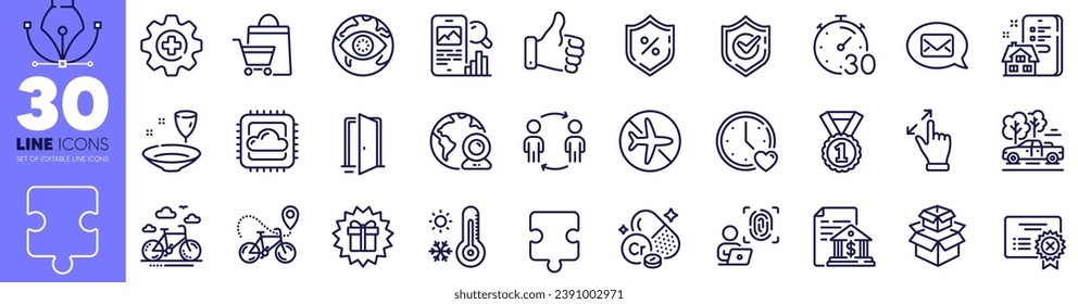 Messenger, Packing boxes and Surprise gift line icons pack. Reject certificate, Confirmed, Property agency web icon. Bank document, Dating, Timer pictogram. Open door, Plate, Video conference. Vector