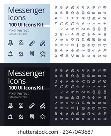Kit de iconos ui lineales perfectos para píxel Messenger para modo oscuro y claro. Comunicación en línea. Describe los elementos de interfaz de usuario aislados para temas nocturnos y diurnos. Trazo editable. Fuente de Poppins utilizada