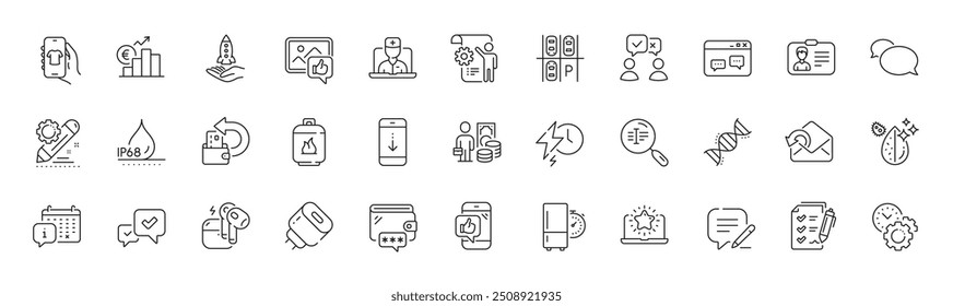 Mensajero, enviar correo e iconos de línea de ADN de química. Paquete de la ventana del navegador, Configuraciones blueprint, ícono de aprobación. Desplácese hacia abajo, como móvil, pictograma de lugar de estacionamiento. Texto de Búsqueda, Calendario. Vector