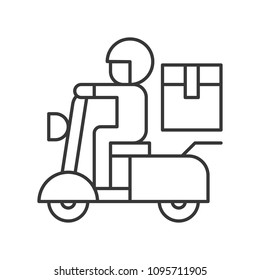 Messenger sending parcel box by motorbike, Line icon shipping delivery and logistic related