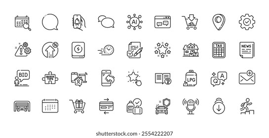 Messenger, Speech bubble and Execute line icons pack. AI, Question and Answer, Map pin icons. Home moving, Credit card, Shopping web icon. Auction, Loan percent, Quick tips pictogram. Vector