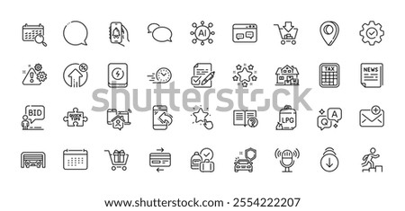 Messenger, Speech bubble and Execute line icons pack. AI, Question and Answer, Map pin icons. Home moving, Credit card, Shopping web icon. Auction, Loan percent, Quick tips pictogram. Vector