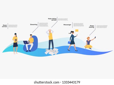 Messenger, streaming and music online services customers. Application, website concept, presentation slide template with sample text. Can be used for topics like business, Internet, technology