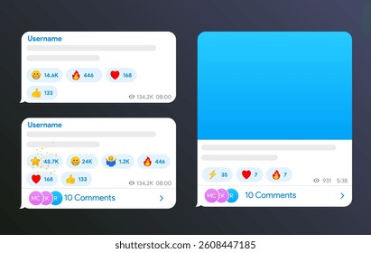 Messenger text bubble template. Telegram text message with reactions interface. Whatsapp speech box mock up. Like engagement counter. Reactions with emoji. Text blog post layout. Vector Illustration.