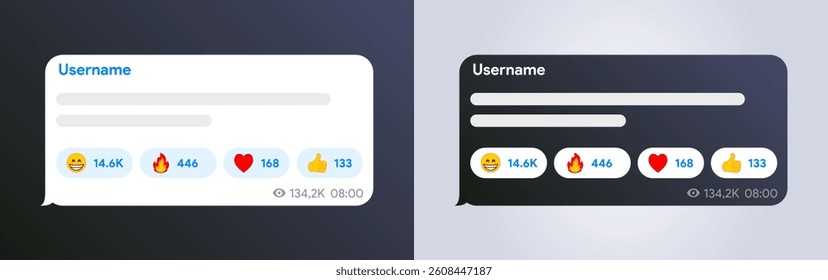 Messenger text bubble template. Telegram text message with reactions interface. Whatsapp speech box mock up. Like engagement counter. Reactions with emoji. Text blog post layout. Vector Illustration.