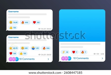 Messenger text bubble template. Telegram text message with reactions interface. Whatsapp speech box mock up. Like engagement counter. Reactions with emoji. Text blog post layout. Vector Illustration.
