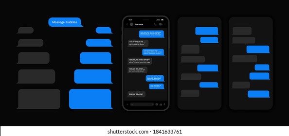 Messenger UI and UX Concept with dark interface. Smart Phone with carousel style messenger chat screen. Sms template bubbles for compose dialogues. Vector illustration.