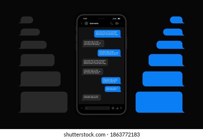 Messenger UI and UX Concept with dark interface. Smart Phone with messenger chat screen. Sms template bubbles for compose dialogues. Vector illustration.