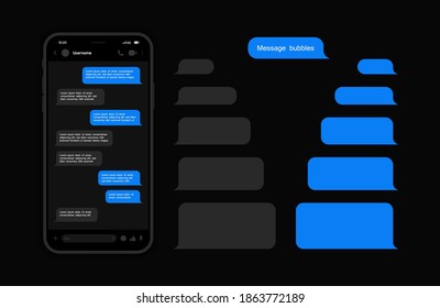 Messenger UI and UX Concept with dark interface. Smart Phone with messenger chat screen. Sms template bubbles for compose dialogues. Vector illustration.