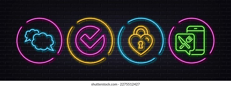 Messenger, Verify and Love lock minimal line icons. Neon laser 3d lights. Food app icons. For web, application, printing. Speech bubble, Selected choice, Bridge locker. Meal order. Vector