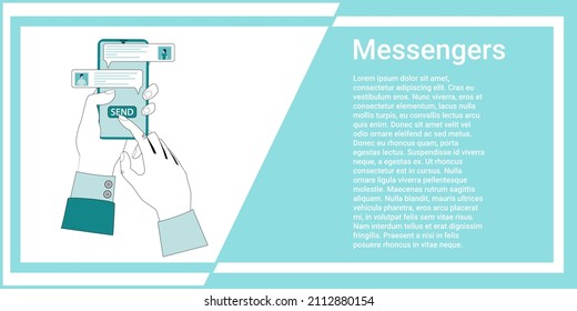 Messengers.The user sends messages using a smartphone.The concept of social networks and online communication.The concept of control over the business process.An illustration in the style of a green