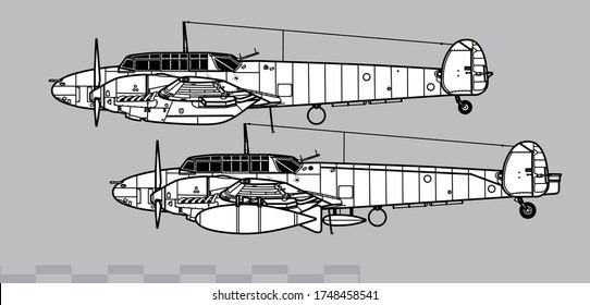 Aeronaves de combate de la Segunda Guerra Mundial. Vista lateral. Imagen para ilustraciones e infografías.