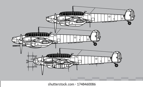 Messerschmitt Bf 110G. World War 2 Heavy fighter. Side view. Image for illustration and infographics. 