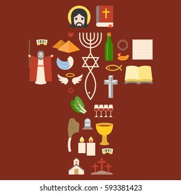 Messianic judaism sign and biblical icon from exodus, arrange as cross for passover holiday, flat design pictogram