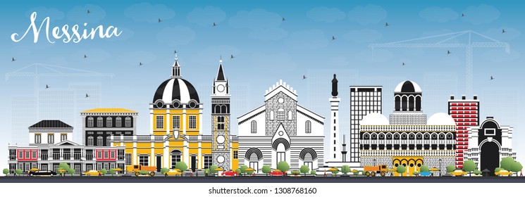 Messina Sicily Italy City Skyline with Color Buildings and Blue Sky. Vector Illustration. Business Travel and Concept with Modern Architecture. Messina Cityscape with Landmarks.