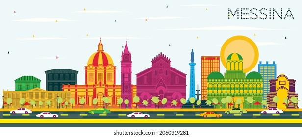 Messina Sicily Italy City Skyline with Color Buildings and Blue Sky. Vector Illustration. Business Travel and Concept with Modern Architecture. Messina Cityscape with Landmarks.