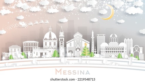 Messina Sicily Italy City Skyline in Paper Cut Style with Snowflakes, Moon and Neon Garland. Vector Illustration. Christmas and New Year. Santa Claus on Sleigh. Messina Cityscape with Landmarks.