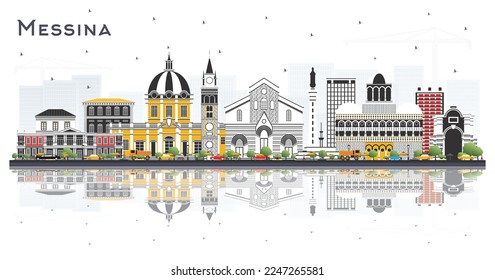 Messina Sicily Italy City Skyline with Color Buildings and Reflections Isolated on White. Vector Illustration. Business Travel and Concept with Modern Architecture. Messina Cityscape with Landmarks.