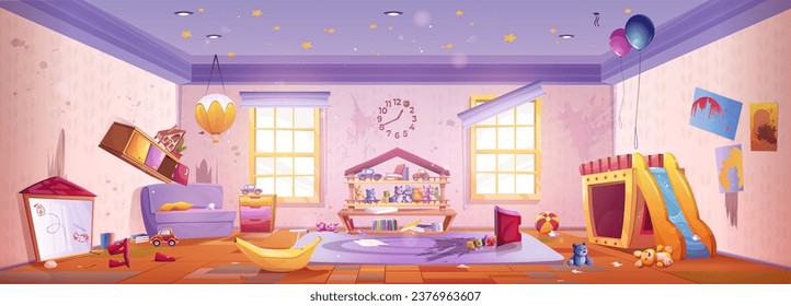 Messy abandoned kindergarten room interior - untidy dirty children room with broken furniture, slide and toys, stains on walls and scattered garbage. Cartoon vector of chaos in closed kid playschool.