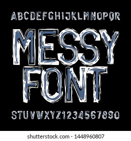Messy alphabet font. Distressed type letters and numbers. Vector typeface for your design.