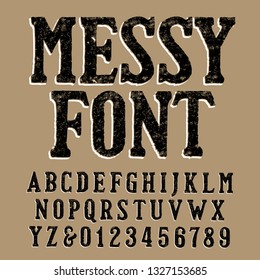 Messy alphabet font. Uppercase handwritten letters and numbers. Stock vector hand drawn typeface.