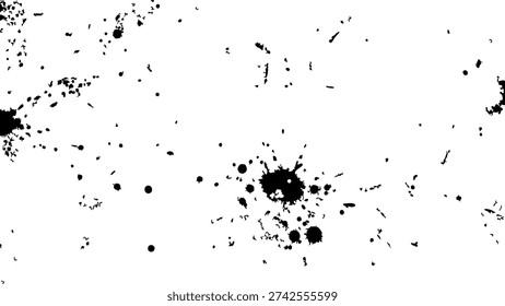 A messy arrangement of black ink splatters on a pure white background, showcasing a range of small to large splatters with varying levels of detail and texture, creating a visually striking contrast.