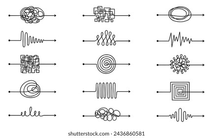 Messy arrow lines doodle set. Tangled scribble path, chaos mindset, different ways to solve problem, from simple to complex in sketch style. Hand drawn vector illustration isolated on white background