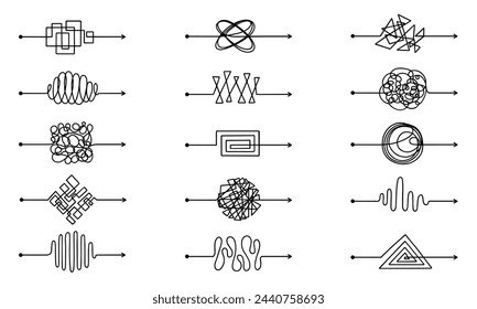 Messy arrow lines doodle set. Tangled scribble path, chaos mindset, different ways to solve problem, from simple to complex in sketch style. Hand drawn vector illustration isolated on white background