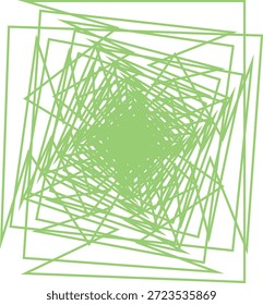 Um design geométrico confuso e artístico com linhas quadradas verdes emaranhadas em um plano de fundo preto.
