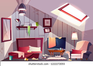 Messy attic bedroom or guest room on garret interior with scattered clothes, stained walls and spider web in corners cartoon vector illustration. Bad household, cleaning at home, messy guests concept