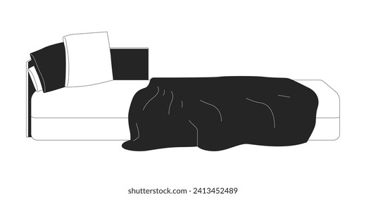 Messy bed black and white 2D line cartoon object. Unmade bed pillows, crumpled wrinkled blanket isolated vector outline item. Peaceful afternoon bedroom furniture monochromatic flat spot illustration