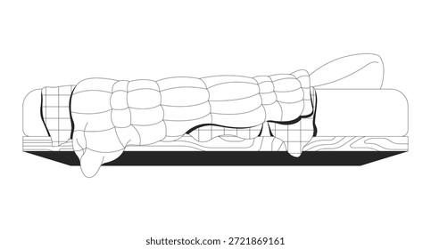 Cobertores de cama bagunçados e travesseiro objeto de linha 2D. Prateleira de madeira de colchão. Área de dormir. Conforto em casa. Espaço repousante. Móveis de quarto isolado clipart vetor tinta contorno item. Ilustração de ponto monocromático
