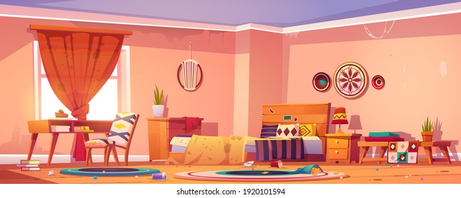 Messy bedroom in boho style with bed, desk, chair, trash on floor, dirty blanket and curtains. Vector cartoon bohemian interior with mess, spiderweb, scattered books and garbage