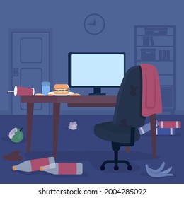 Messy bedroom flat color vector illustration. House in disorder. Gamer space with trash on computer table. Unhealthy lifestyle. Cluttered room 2D cartoon interior with junk on background