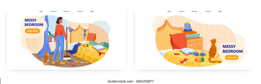 Messy Bedroom Interior. Vector Concept Illustration. Young Woman Cleaning Untidy Room At Home. Mess In House