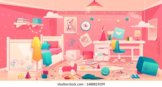 Messy bedroom of little girl with spider web on ceiling, scattered toys, clothes, pencils and crumpled paper, torn picture on dirty walls, drawn, stained table and floor cartoon vector illustration