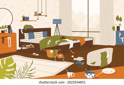 Messy bedroom in modern style with bed, desk, chair, trash and clothing scattered on floor. Household chaos concept. Flat cartoon vector inhouse illustration.