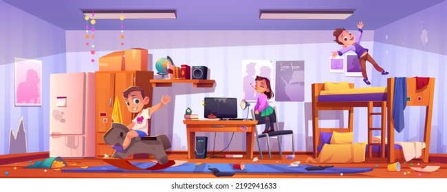 Messy Bedroom With Playing Kids, Dirty Furniture, Clutter And Scattered Garbage. Children Play In Untidy Hostel Or Dormitory Room With Bunk Bed, Computer And Wardrobe, Vector Cartoon Illustration