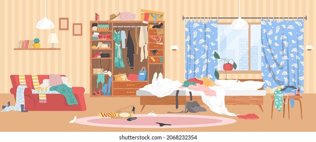 Messy bedroom with scattered stuff, flat vector illustration. Wardrobe full of clothes thrown disorderly. Scattered female clothing on sofa, on bed and on coffee table. Mess, disorder.