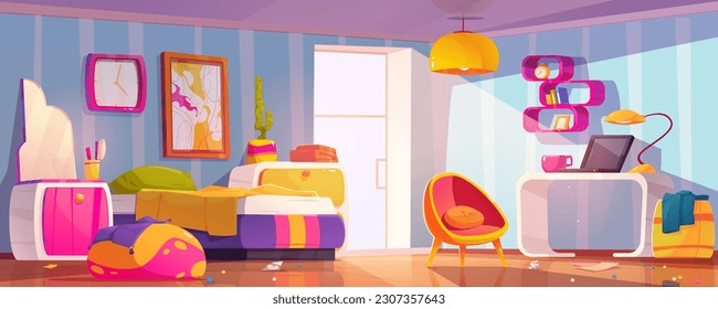 Habitación tranquila con cama desordenada, caos y desorden. Interior de una habitación de chicas con muebles de estilo groovic, portátil sobre el escritorio, basura en el suelo y desorden, ilustración de dibujos animados vectoriales