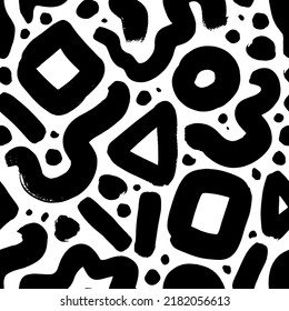 Messy bold doodles with geometric figures seamless pattern. Hand drawn vector ornament with flowing curved lines, rounded squares, triangles and dots. Modern stylish geometric vector texture