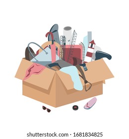 Messy box with useless broken things. Mess icon. Throw away Junk from home concept. Vector illustration