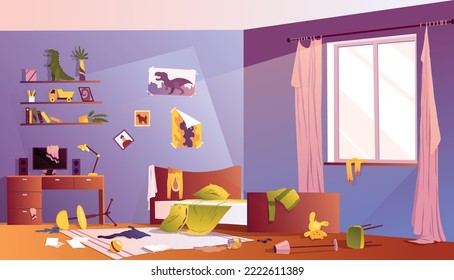 Messy boy bedroom. Room interior with scattered toys and dirtyon furniture cartoon vector illustration. Uncovered bed, clutter on desk, scattered clothes and toys. Terrible chaos - Shutterstock ID 2222611389